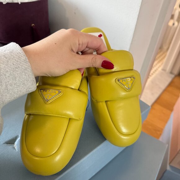 NWt Prada Slip On Flat Mules Yellow Padded Leather Sz 35 - Picture 6 of 8